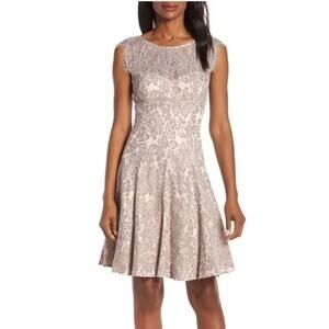 Eliza J fit flare lace overlay mini dress womens 12 gray cream new flirty formal